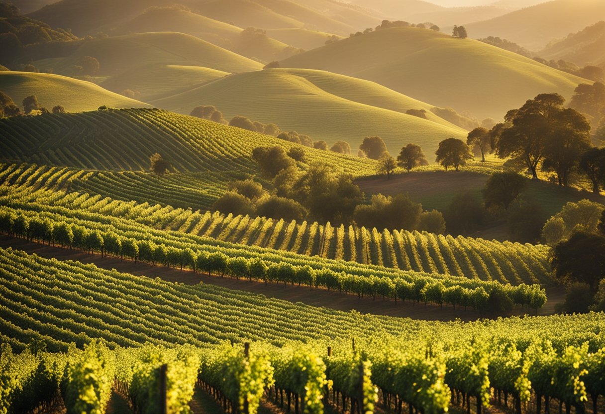 Rolling hills of vineyards, bathed in golden sunlight, stretch as far as the eye can see in Napa Valley and Sonoma, California. The lush greenery and charming wineries create a picturesque paradise for wine enthusiasts