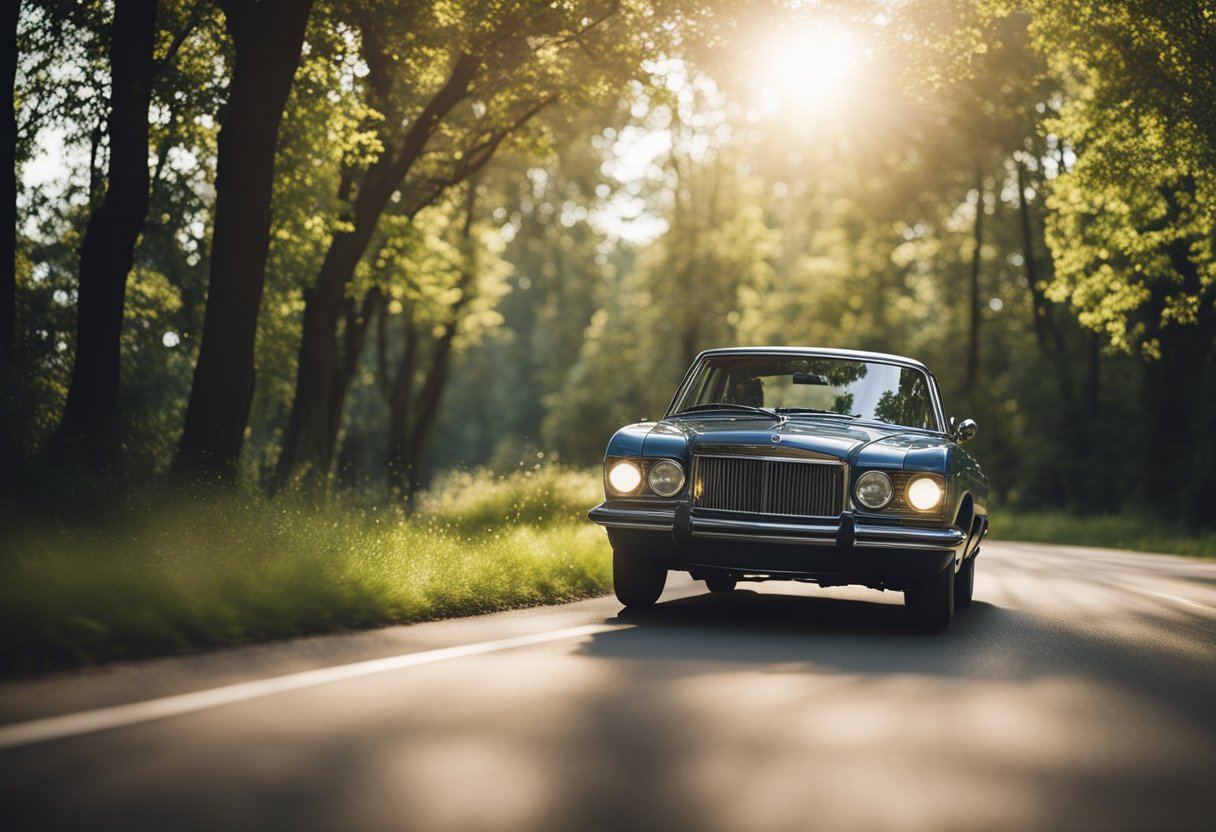 A car smoothly glides down a tree-lined road, with the engine running efficiently and the fuel gauge showing minimal usage