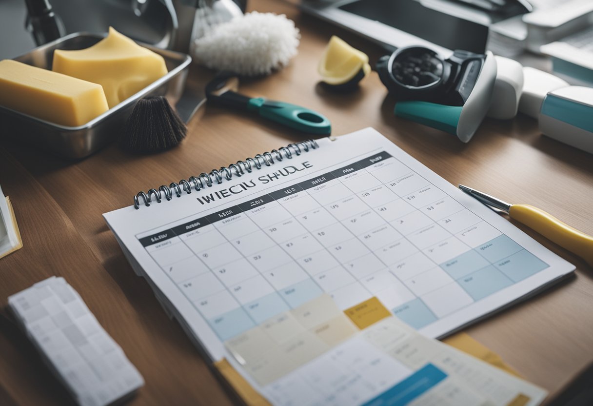 A weekly cleaning schedule being created and maintained, with a calendar and cleaning supplies organized on a table