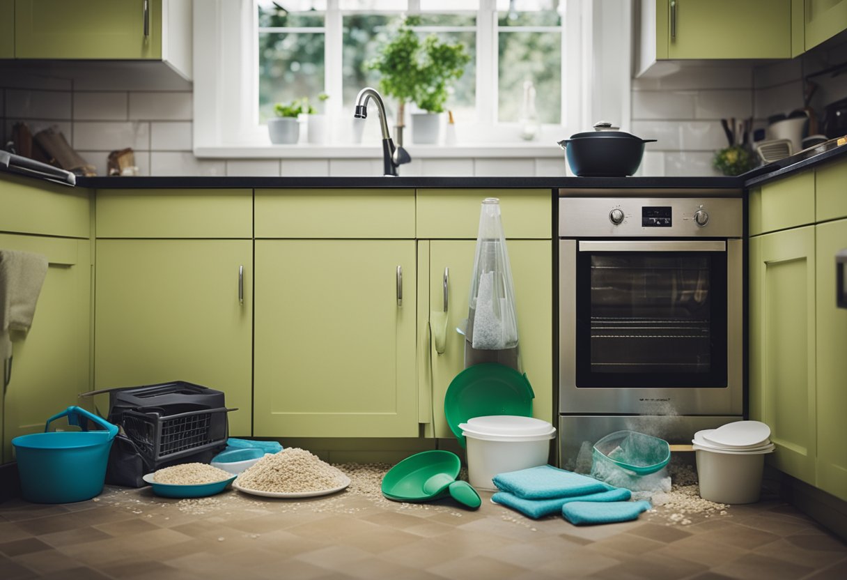 A kitchen with dirty appliances, a pile of dishes, and crumbs on the counter. A mop and cleaning supplies are nearby, ready to be used