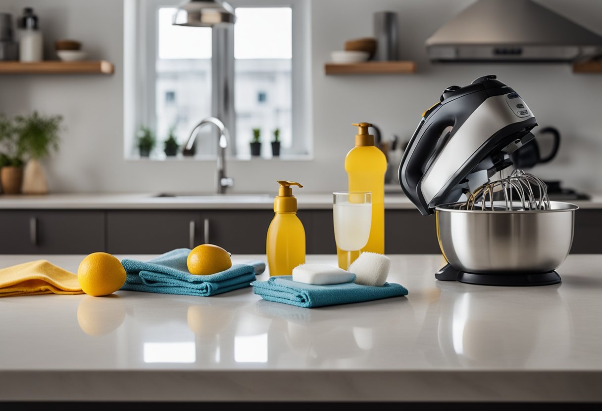 A kitchen countertop with various kitchen appliances neatly arranged, surrounded by cleaning supplies and a cloth, illustrating efficient cleaning and safety