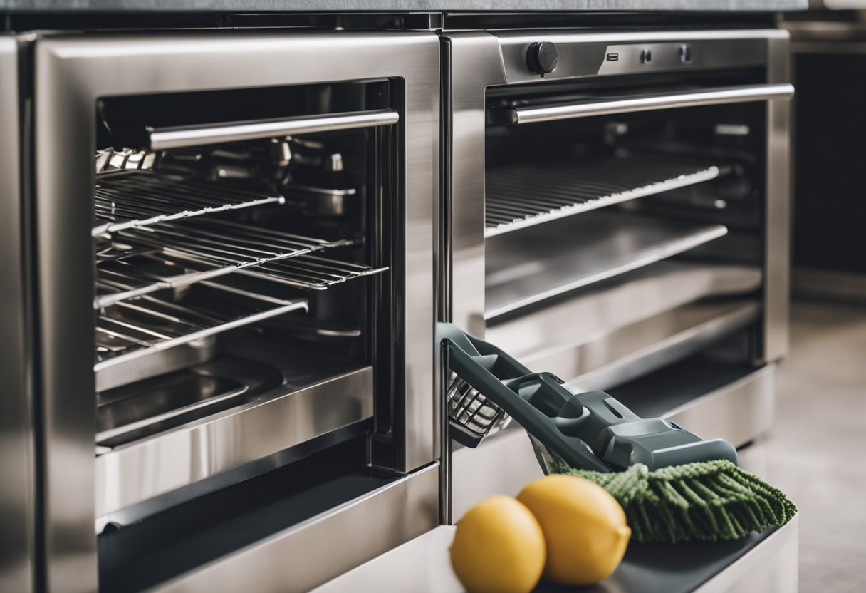 Kitchen appliances being cleaned with various tools and products in a systematic and efficient manner