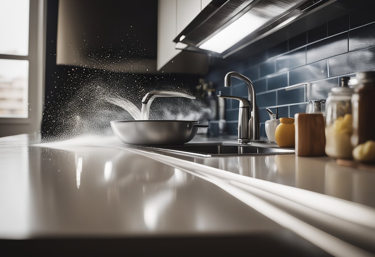 A kitchen with sparkling clean appliances, a damp cloth wiping down surfaces, and a gentle mist of cleaning spray in the air