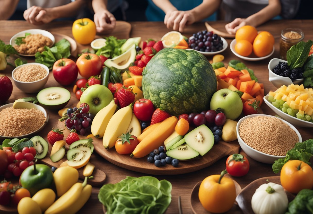 A colorful spread of fruits, vegetables, and whole grains on a dining table, with happy, smiling cartoon characters enjoying the nutritious and easy-to-make dishes