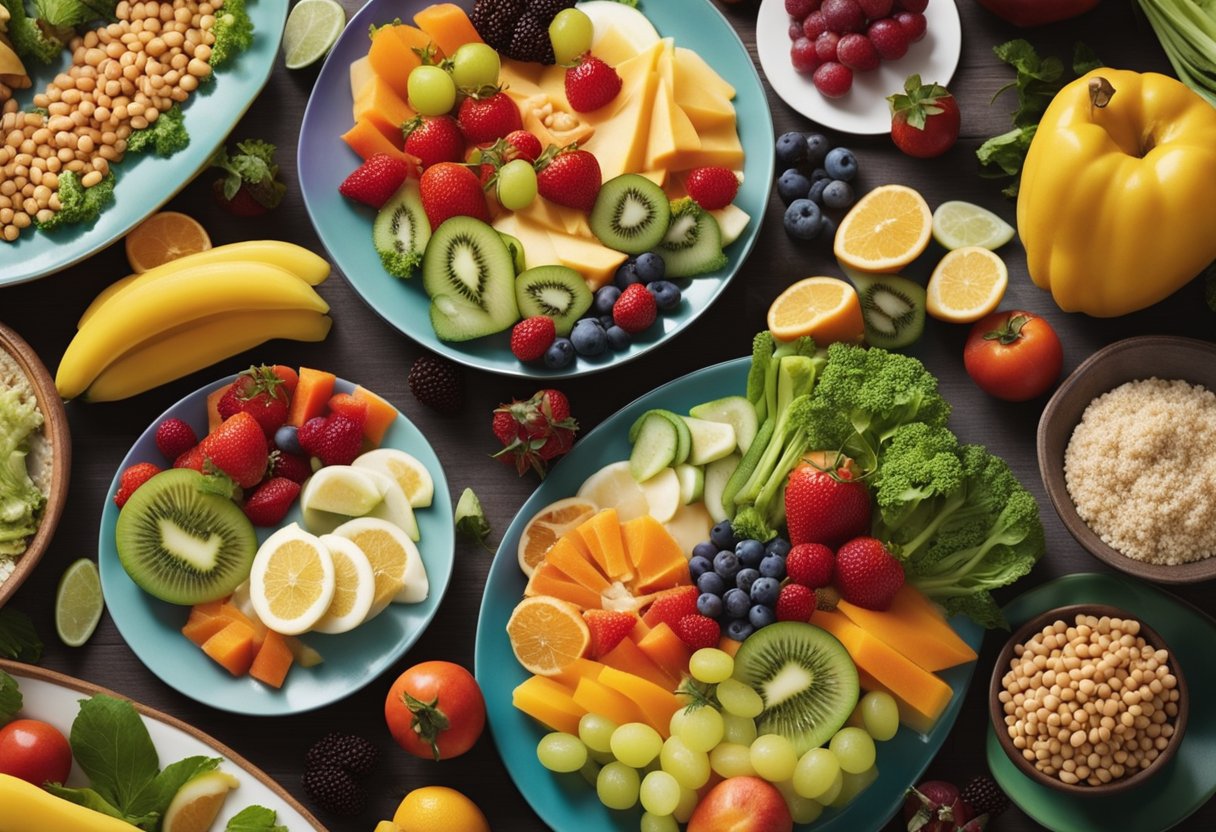 A colorful plate with a variety of nutritious and easy-to-eat foods, including fruits, vegetables, and proteins, arranged in an appealing and playful manner