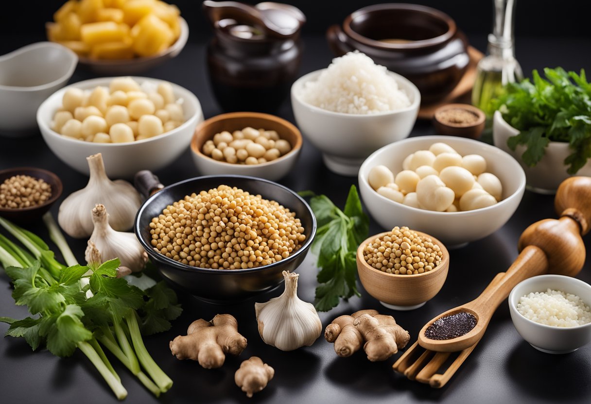 A kitchen counter with various Chinese cooking ingredients and utensils, including soy sauce, ginger, garlic, and a wok