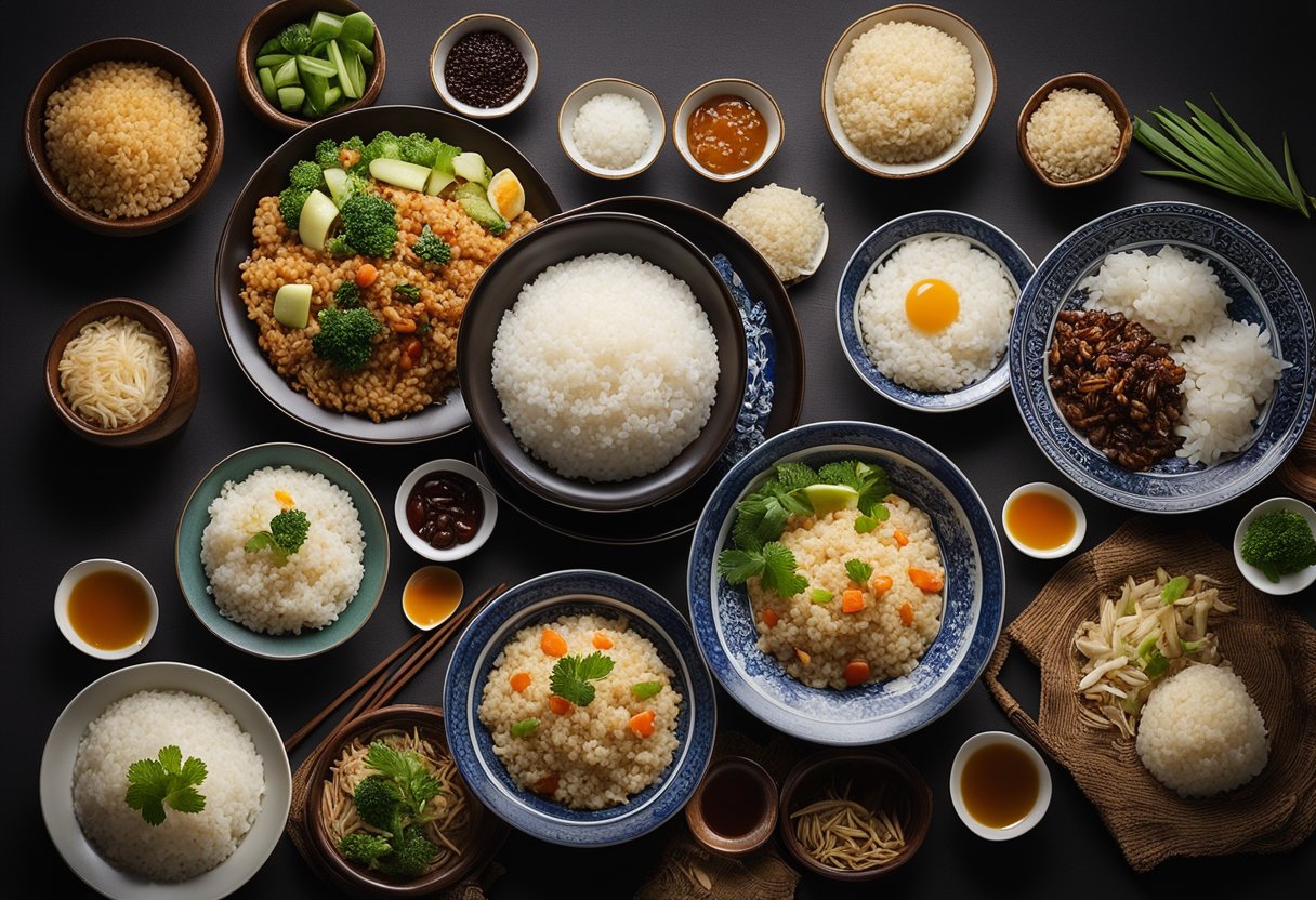 A table set with various Chinese rice dishes, including fried rice, steamed rice, and rice porridge, surrounded by traditional Chinese cooking utensils and ingredients