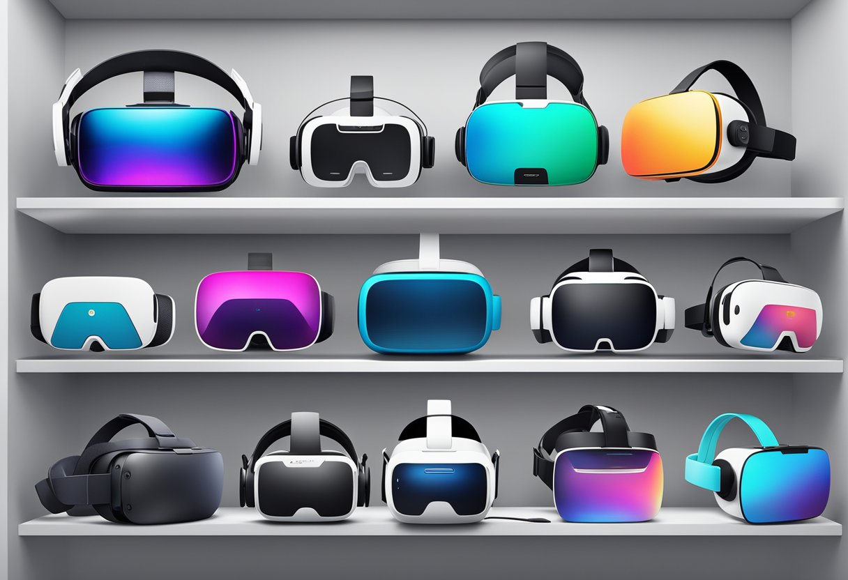 A variety of popular VR headsets for smartphones displayed on a sleek, modern shelf. Bright, colorful packaging and sleek designs catch the eye