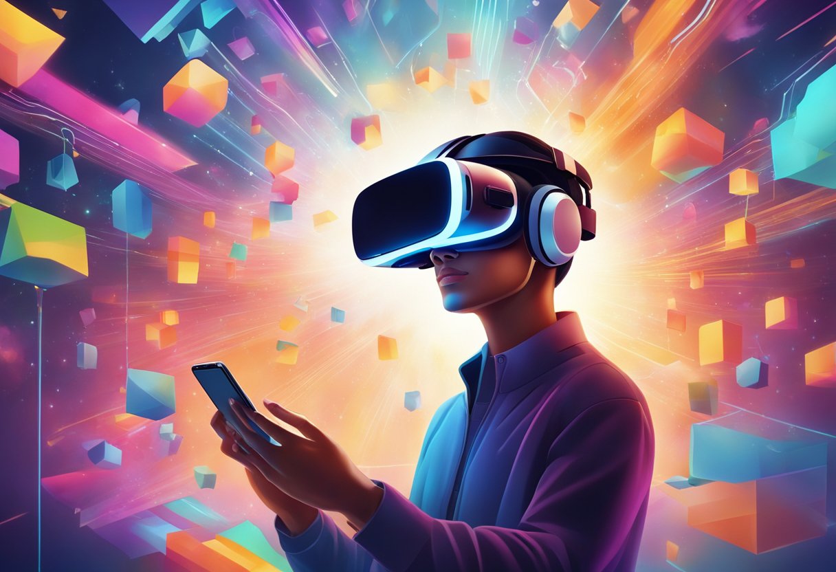 A person wearing a VR headset connected to their smartphone, surrounded by a virtual reality environment with vivid colors and immersive visuals