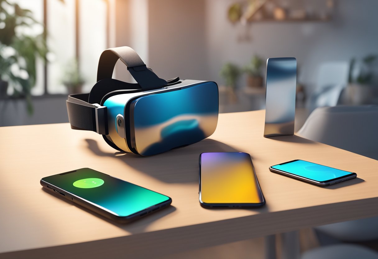 A VR headset for phones sits on a table, with a phone inserted and the screen displaying a virtual reality environment