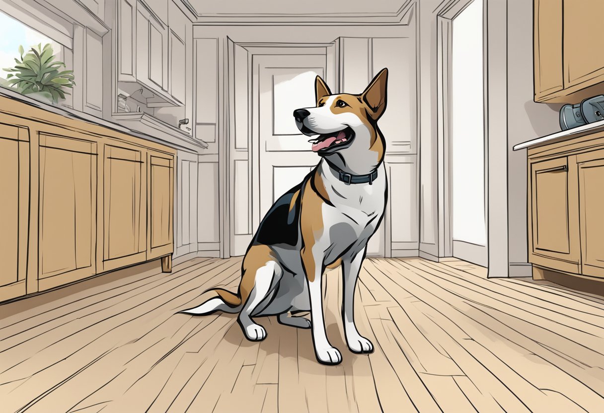 A dog barking in an empty room, head tilted, ears perked