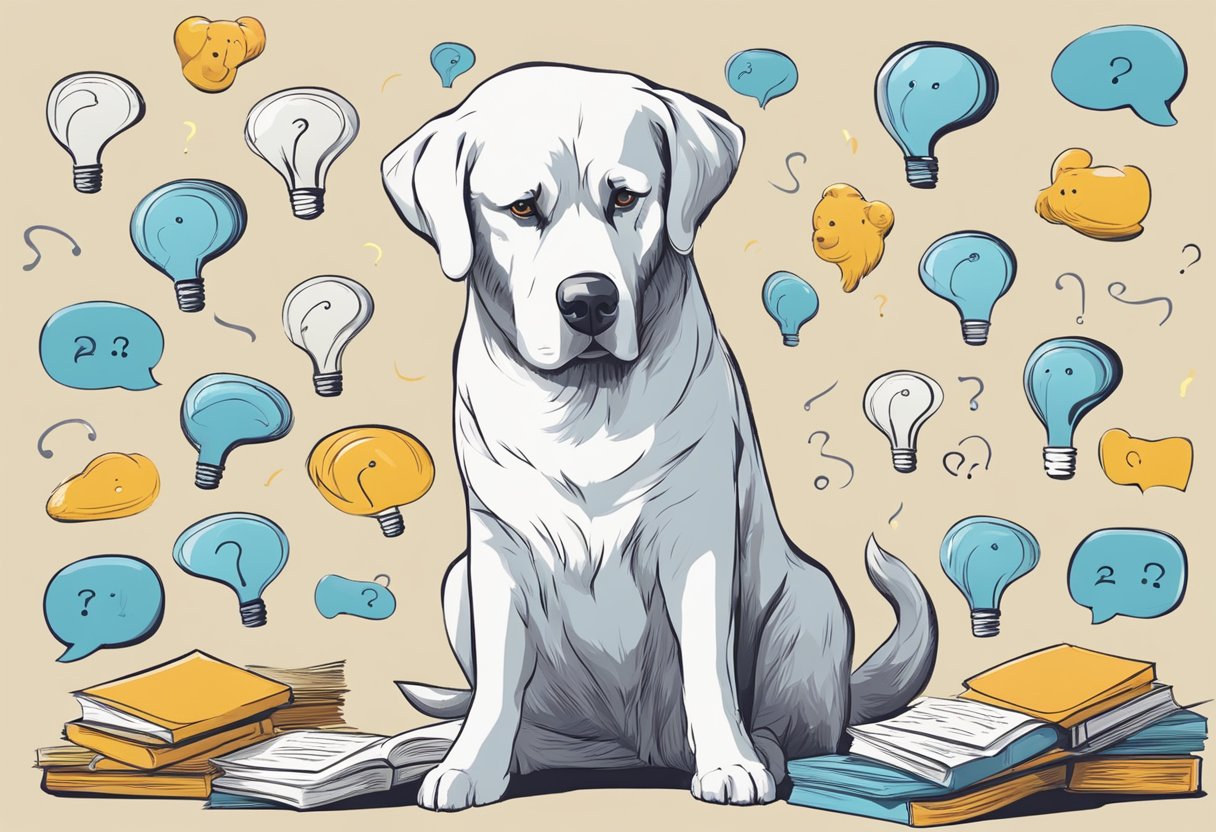 A dog contemplating a decision, surrounded by question marks and different options