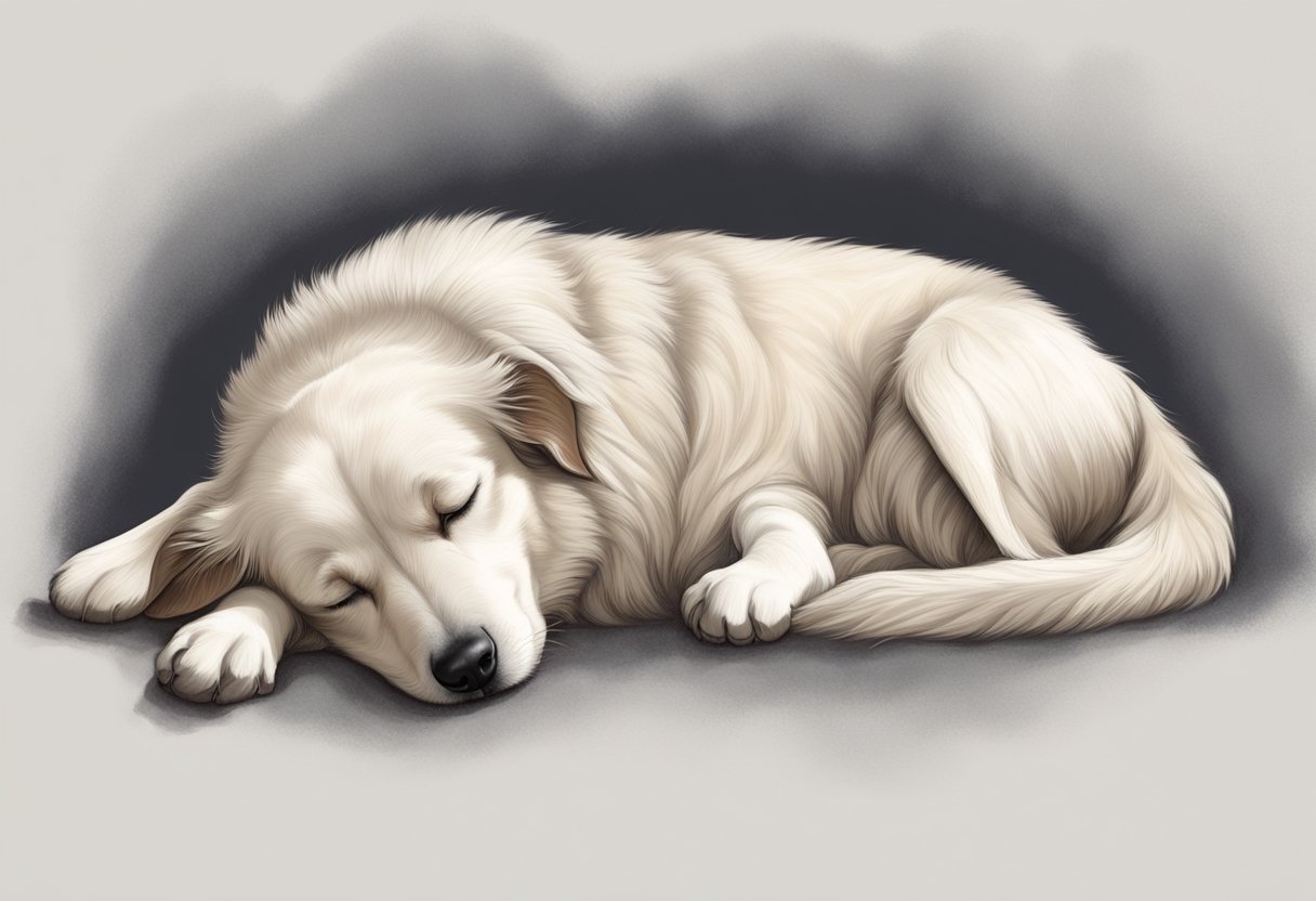 A dog curls up in deep sleep, tail tucked in, ears relaxed