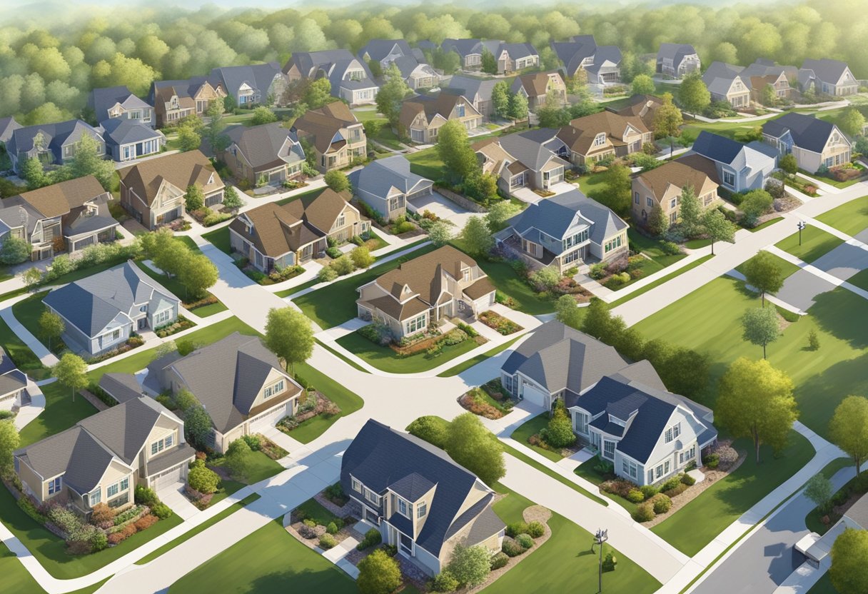 Aerial view of a modern suburban neighborhood with drone capturing the exterior of homes, showcasing the surrounding amenities and landscape