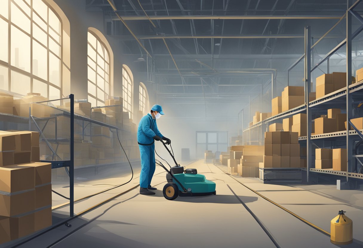 A technician sprays pesticide along the perimeter of a large warehouse, while another sets up rodent traps inside a factory