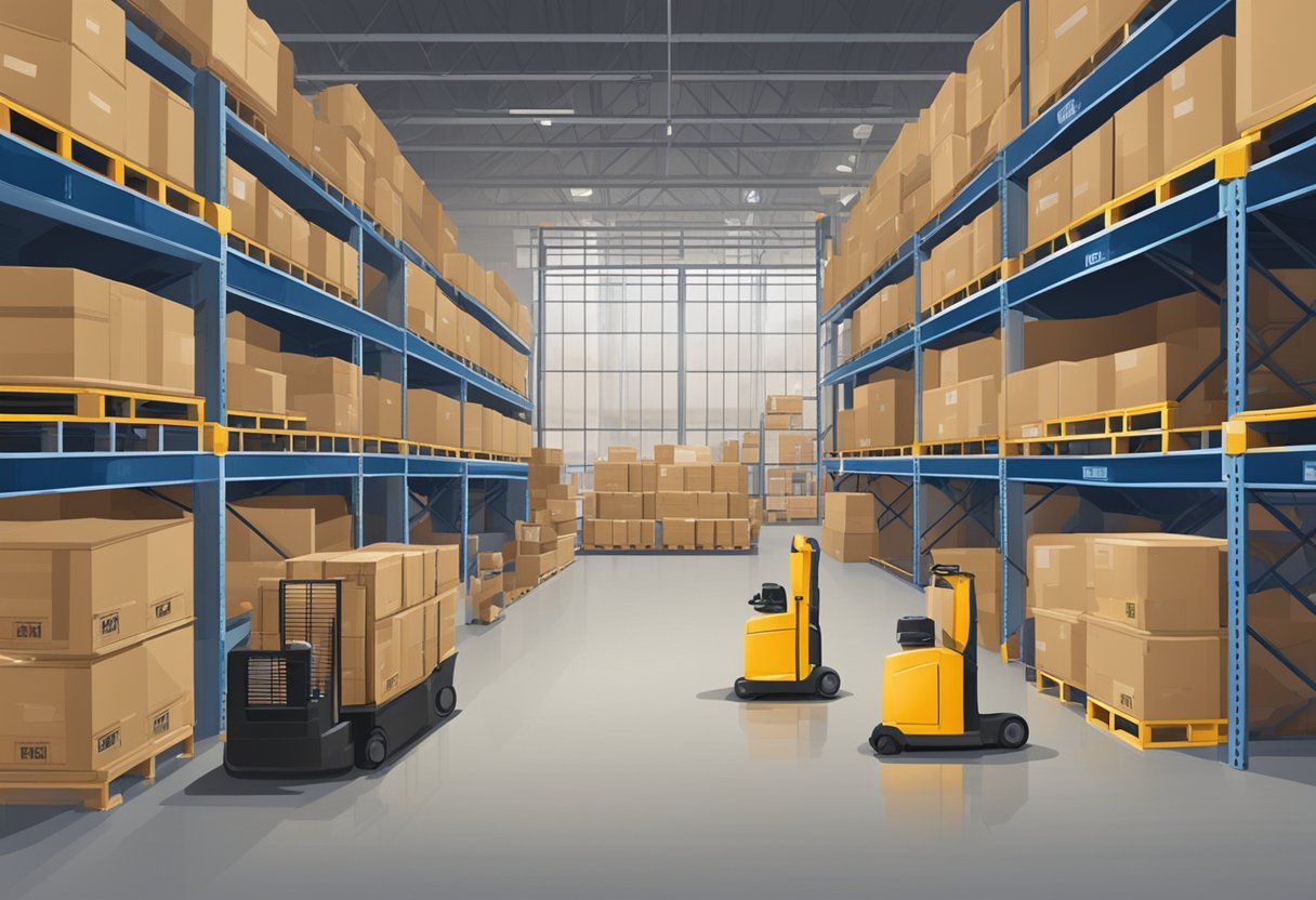 A large warehouse with stacked crates and machinery. Pest control workers inspecting the area for pests