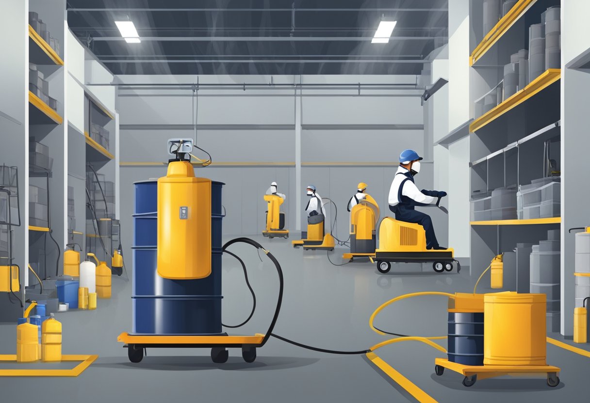 Workers spraying pest control in a factory and warehouse. Equipment and protective gear visible