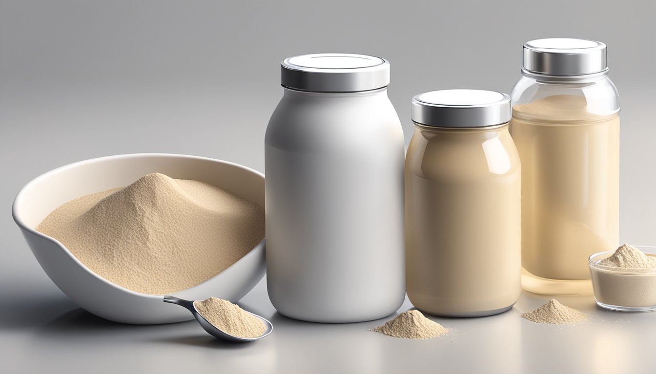 A scoop of whey protein powder, a shaker bottle, and three different types of whey protein displayed on a clean and modern-looking table