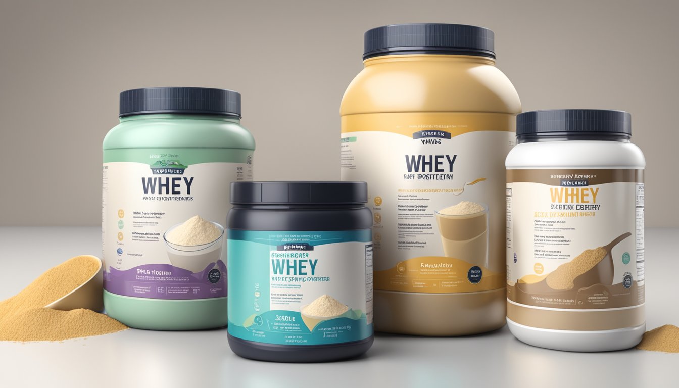 A table displaying three types of whey protein powder with labels and serving suggestions