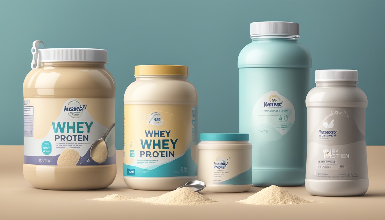 A scoop of whey protein powder sits next to a shaker bottle and a measuring spoon, with three different types of whey protein displayed in the background