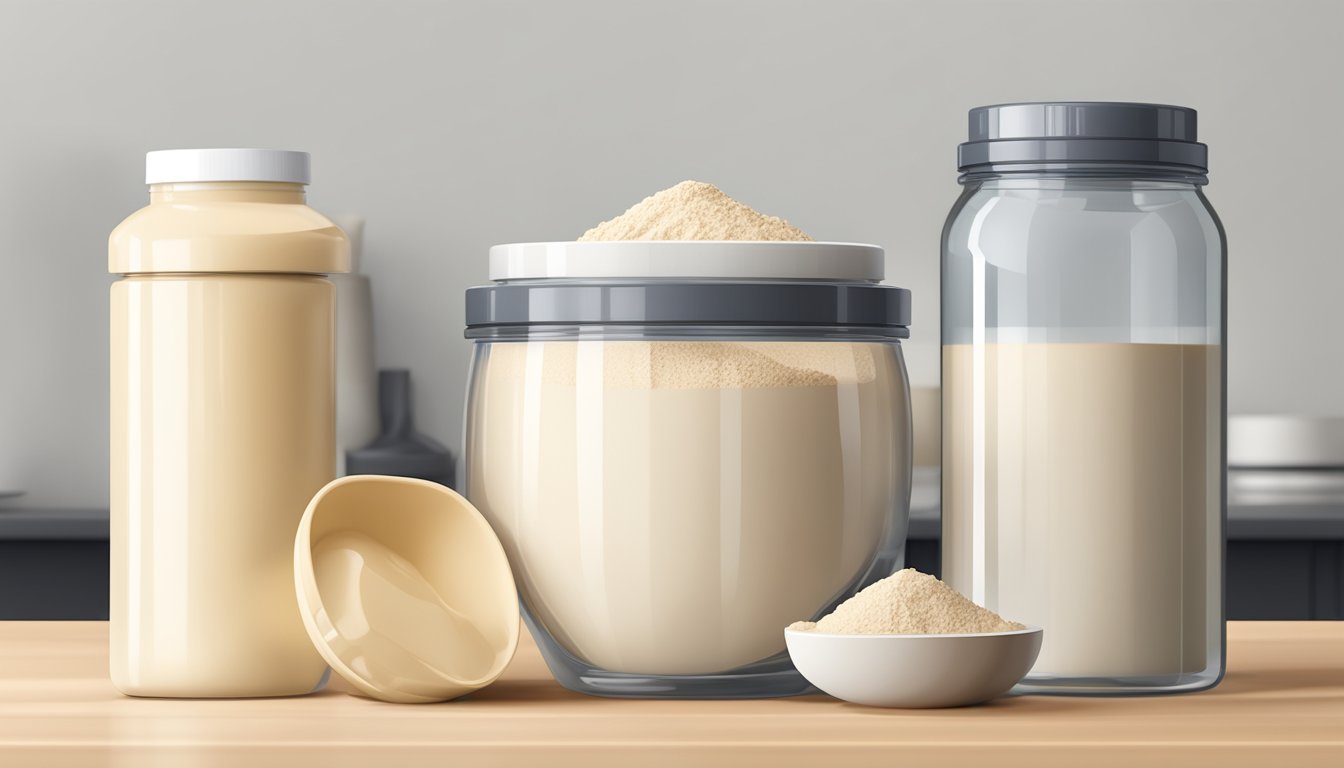 A scoop of whey protein powder, a shaker bottle, and three different types of whey protein displayed on a clean, modern countertop