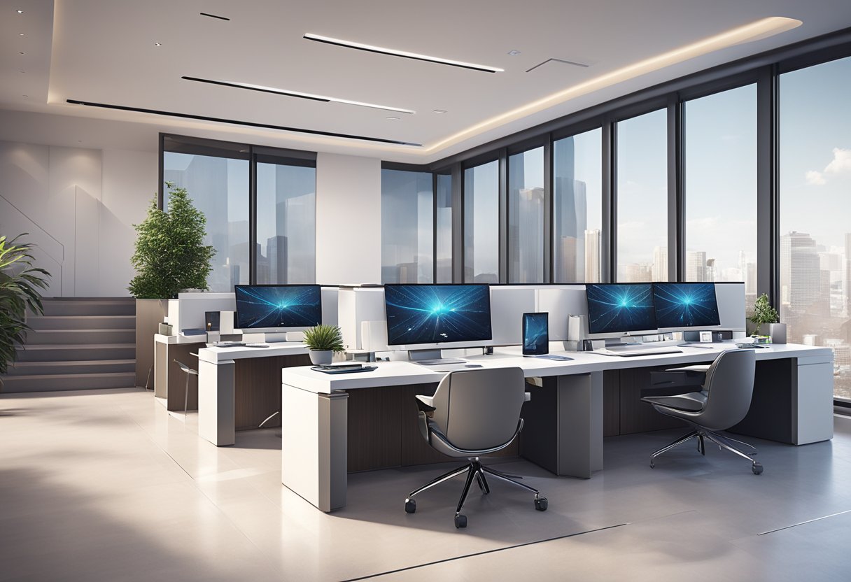 A sleek, modern real estate office with AI voice agents assisting clients in property transactions. Cutting-edge technology seamlessly integrates with the space, creating a futuristic and efficient environment