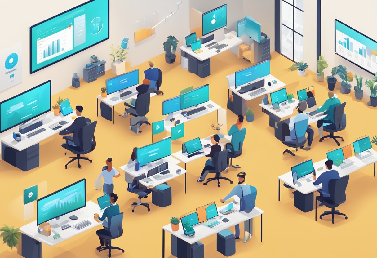 A bustling office environment with computer screens displaying the logos of Ylopo, VoiceSpin, Play.ht, Ascendix, and Callin.io. AI voice agents interacting with real estate clients