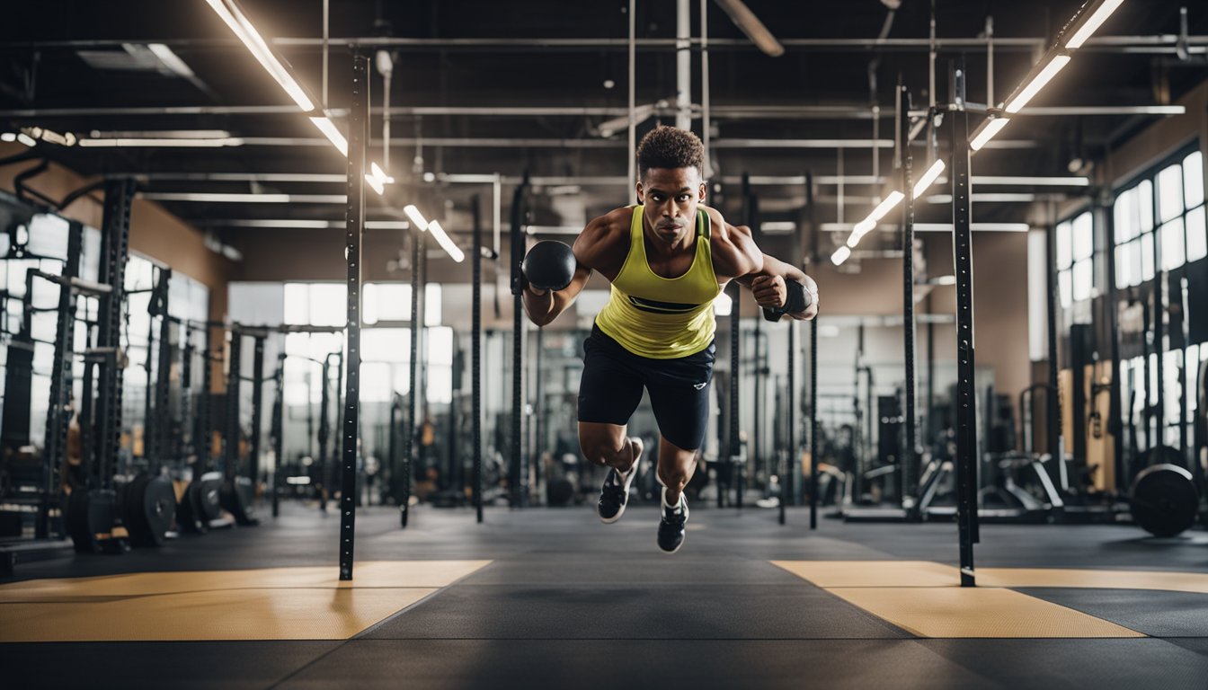 A person conquering obstacles with motivational quotes in a gym setting, with 5 reasons to train displayed