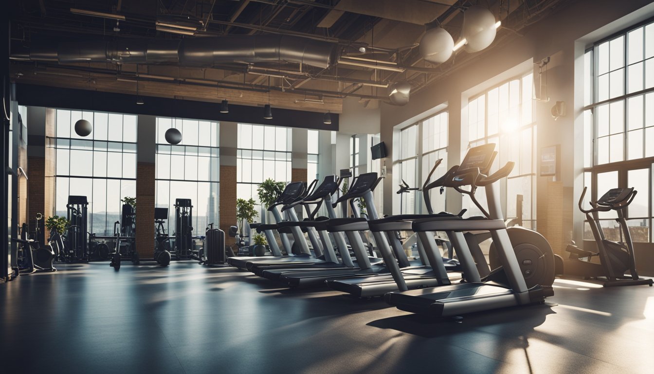 A gym with motivational quotes on the walls, exercise equipment, and people working out. Bright lighting and energetic atmosphere