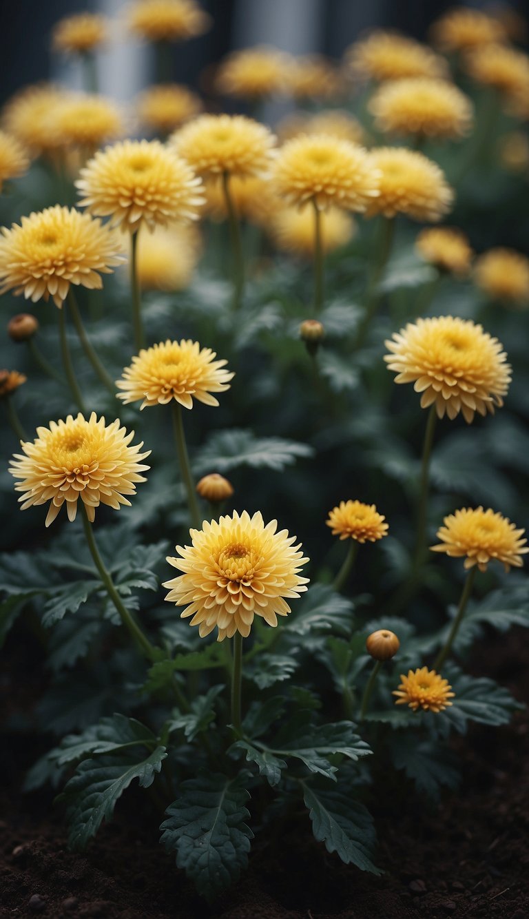 Chrysanthemum plants wilting near coffee grounds