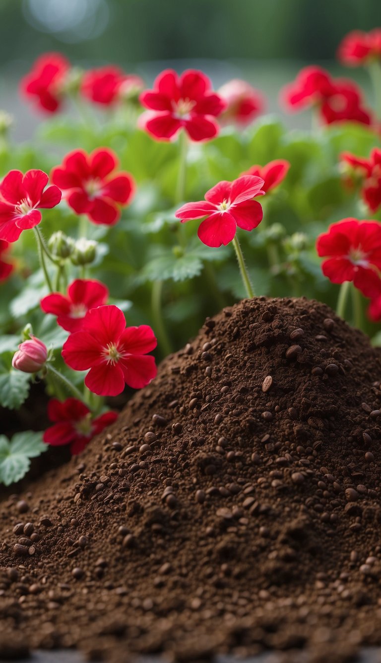 Vibrant geraniums surrounded by scattered coffee grounds, with a clear "X" mark over them