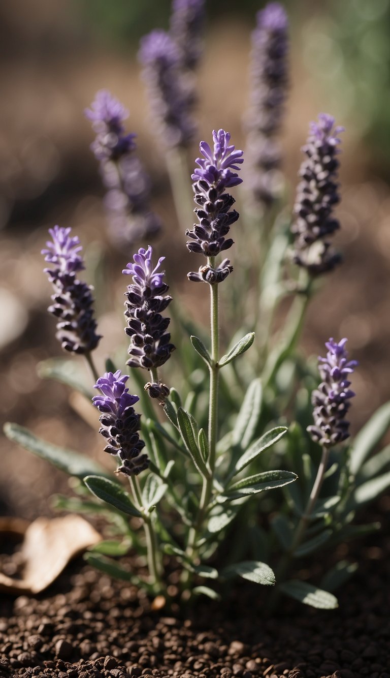 Lavender plants surrounded by coffee grounds, with wilted and discolored leaves