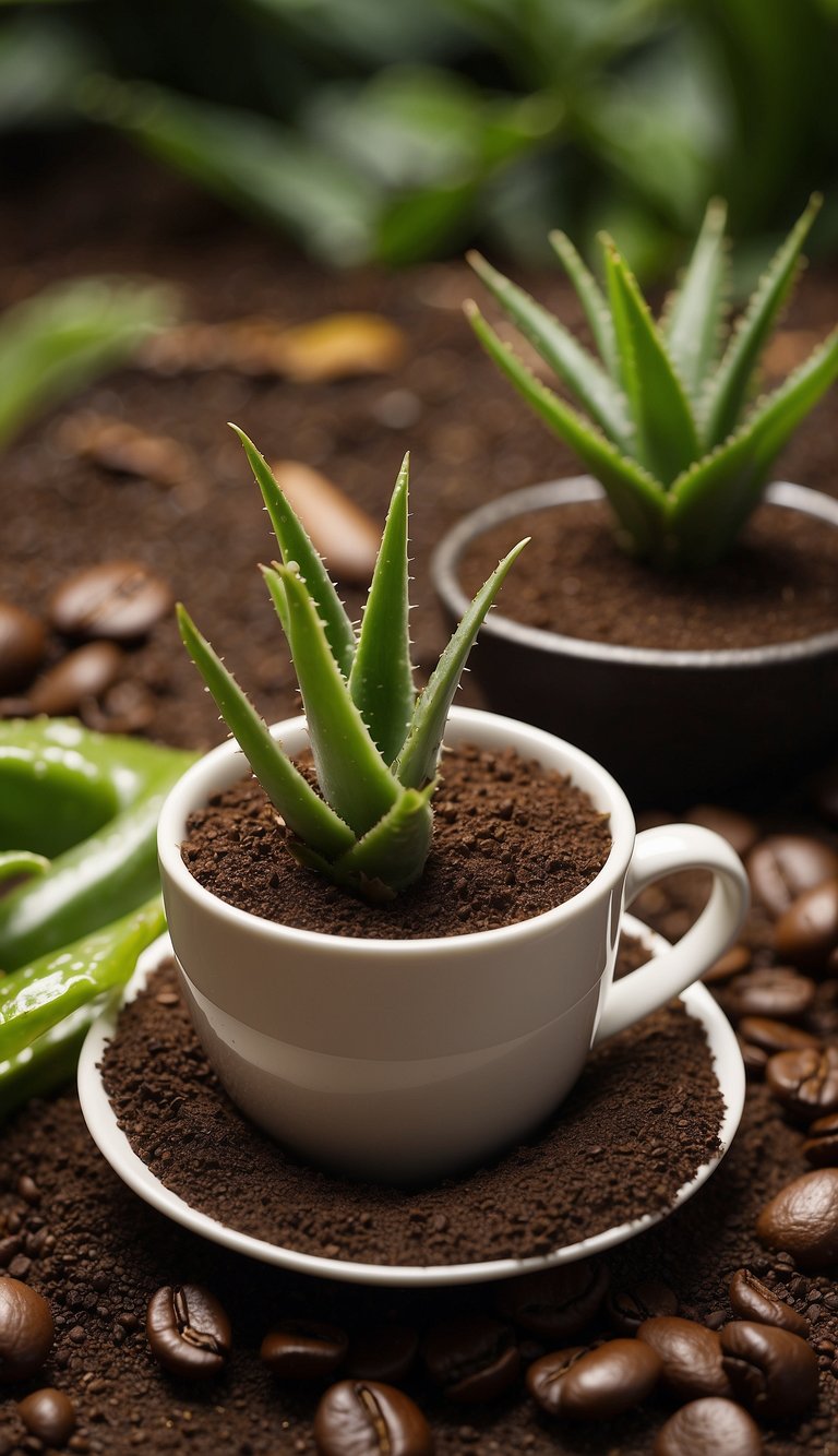 Ten aloe vera plants surrounded by coffee grounds, with wilted leaves and brown spots. A sign reads "DO NOT like Coffee Grounds!" in bold letters