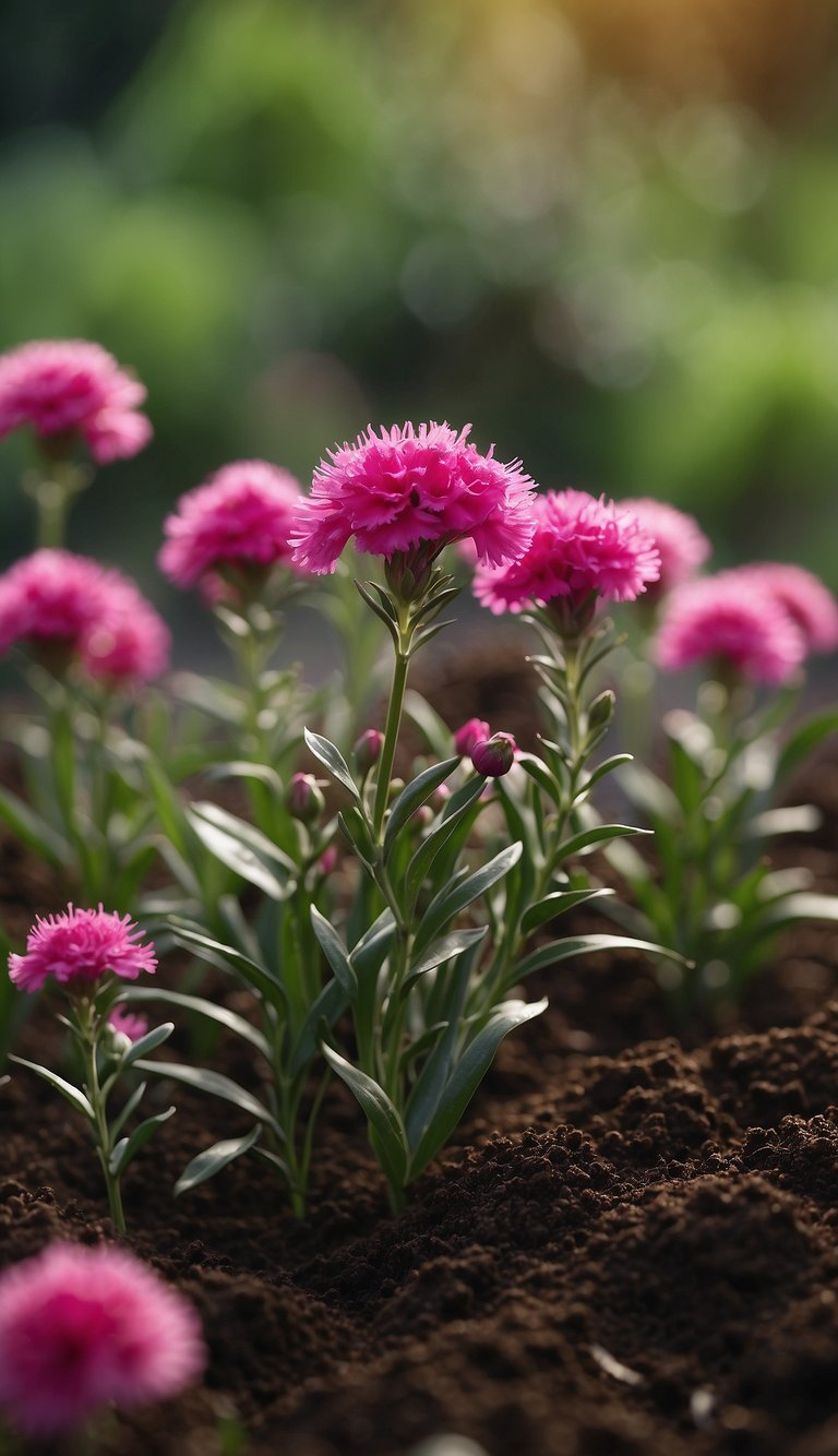 Dianthus plants reject coffee grounds. Show 10 plants wilting near a pile of coffee grounds