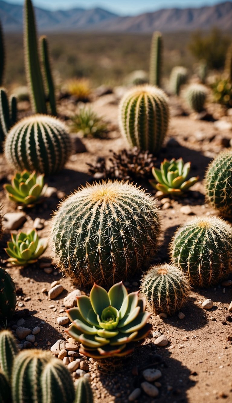 A desert landscape with various cacti and succulents, surrounded by scattered coffee grounds