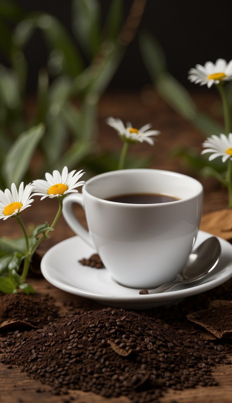 Shasta daisies wilt near coffee grounds. Show 10 plants with drooping leaves and sad expressions next to a pile of coffee grounds