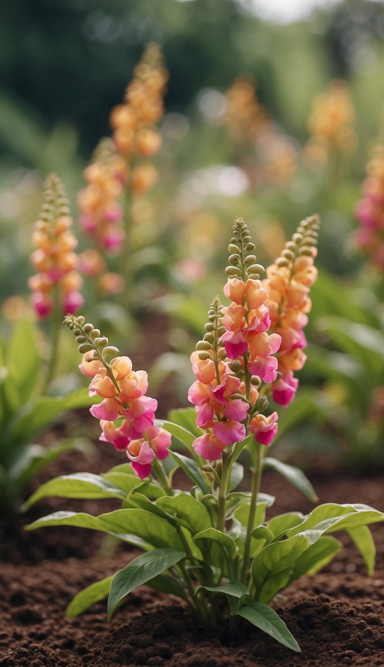 A garden with 10 wilted snapdragon plants surrounded by coffee grounds