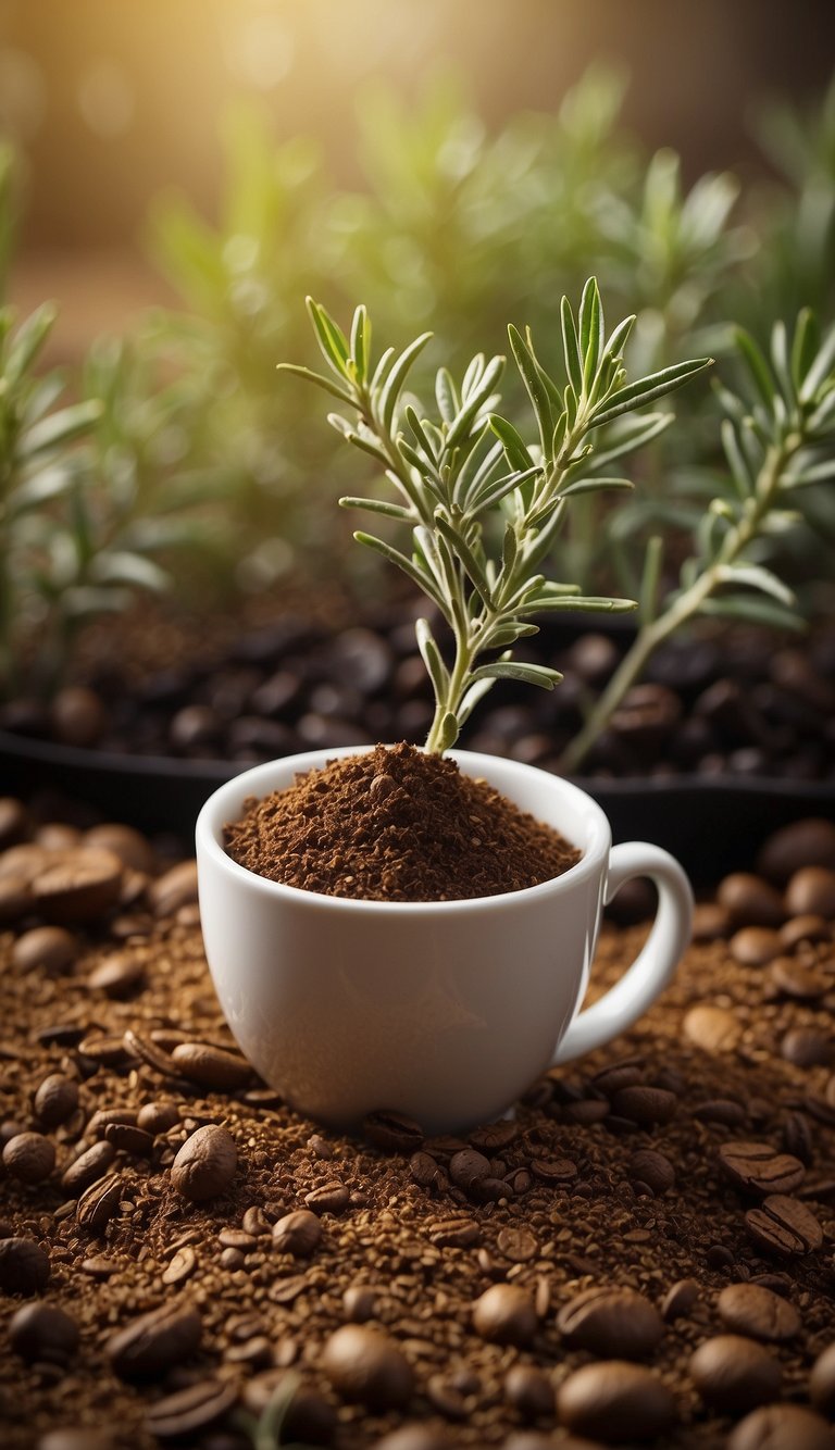 Rosemary plants surrounded by coffee grounds, with wilted leaves and yellowing stems. A sign reads "DO NOT like Coffee Grounds!" in bold letters