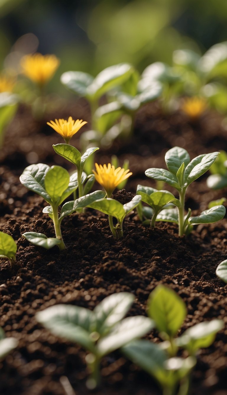 A garden with 10 wilted plants surrounded by coffee grounds