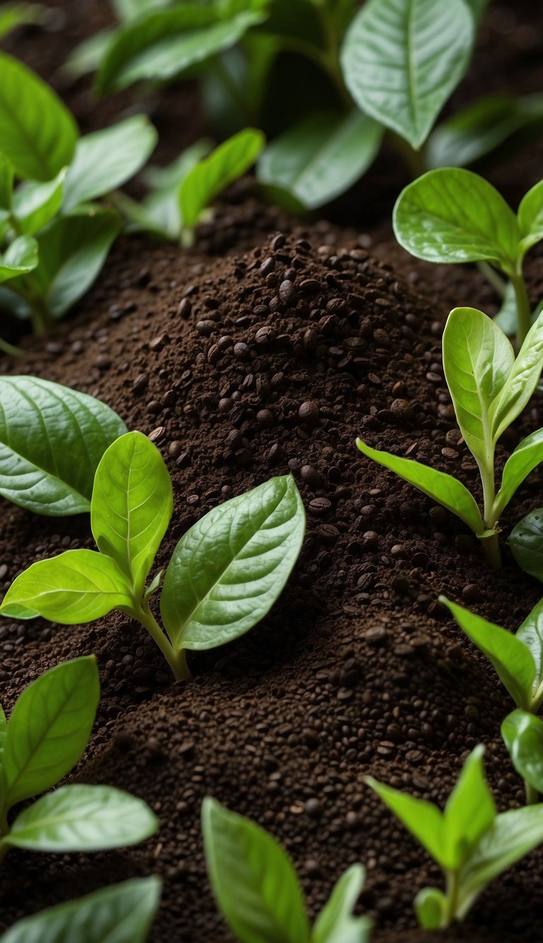 Lush green plants with vibrant leaves surround a pile of discarded coffee grounds. The plants appear healthy and thriving, while the coffee grounds sit untouched, emitting a sense of aversion