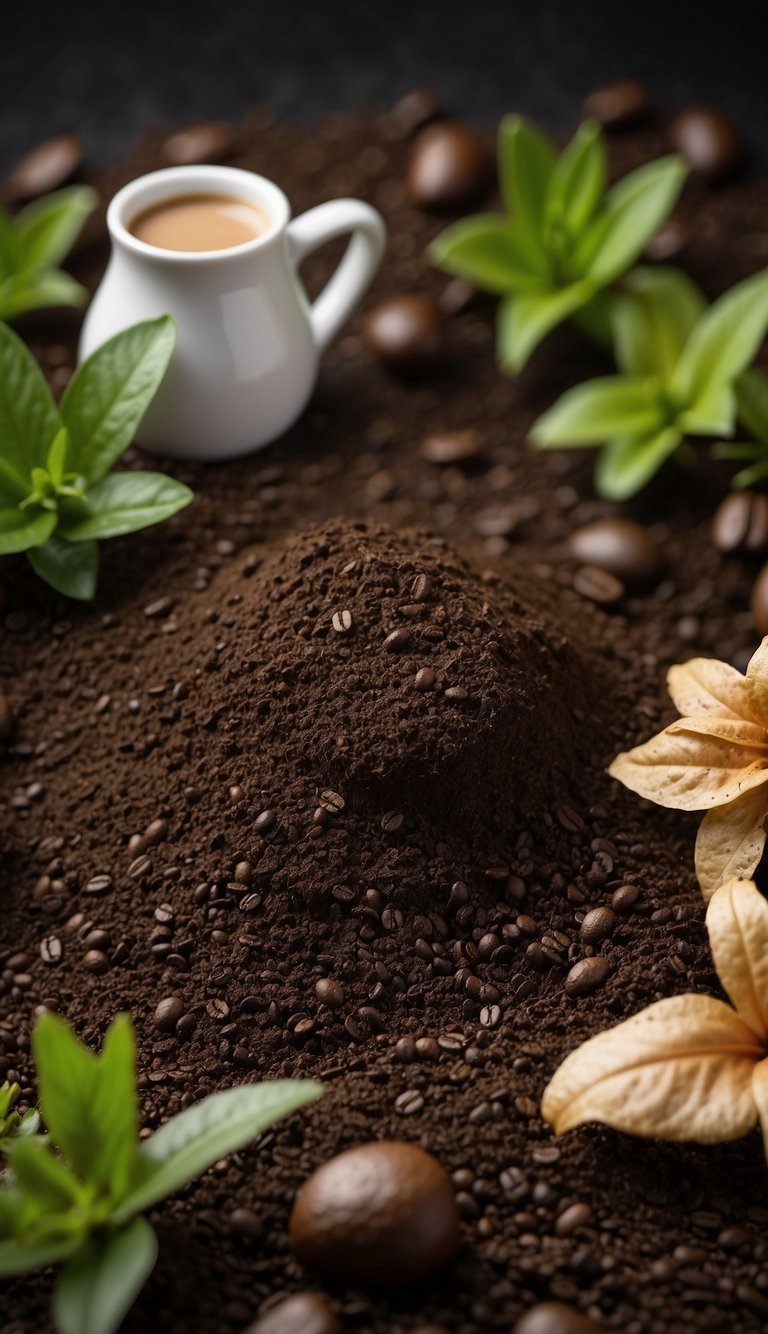 Coffee grounds scattered in soil, with wilted plants nearby. pH test kit shows high acidity. Plants labeled: azaleas, hydrangeas, and lilies