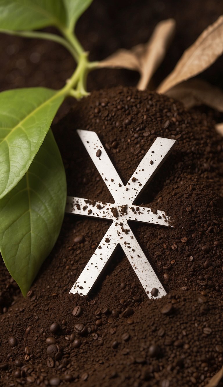 Plants wilting near coffee grounds, with X marks over them. Coffee grounds labeled "DO NOT" in bold letters