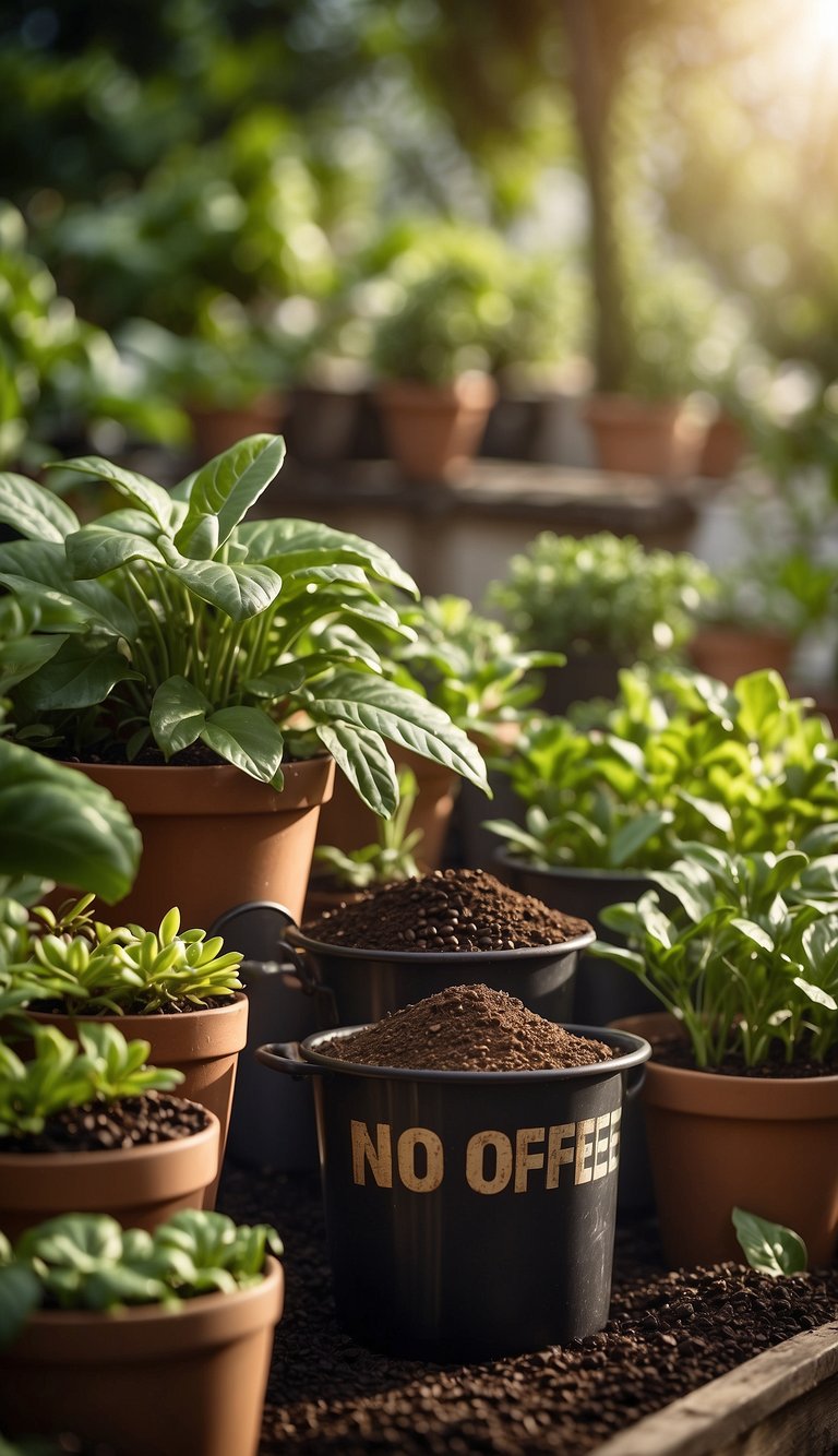 Lush garden with 10 plant varieties labeled "No Coffee Grounds" in bold. Coffee grounds placed in separate container. Sunshine and greenery abound