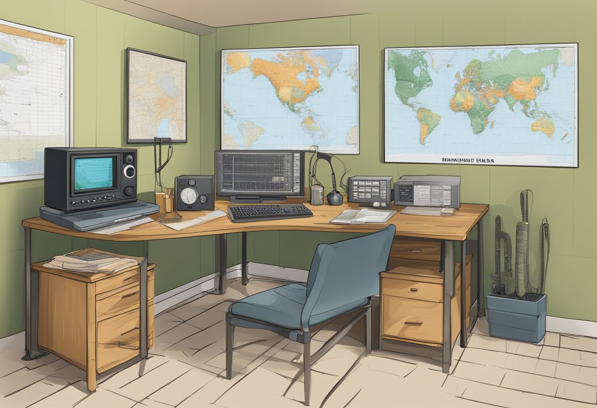 A desk with a ham radio, antenna, and frequency chart. A map of local area on the wall. Emergency supplies nearby