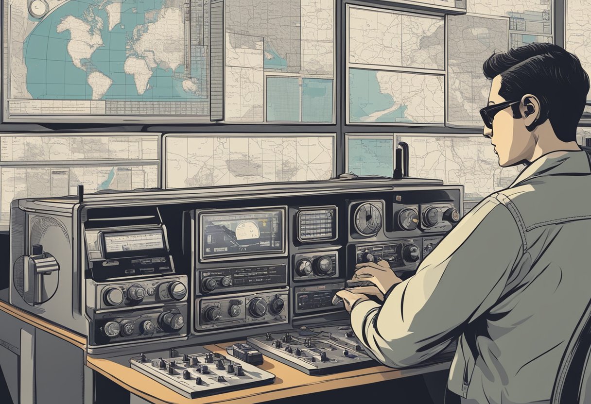 A person adjusting radio dials, surrounded by maps and communication equipment, with a focus on the frequency display