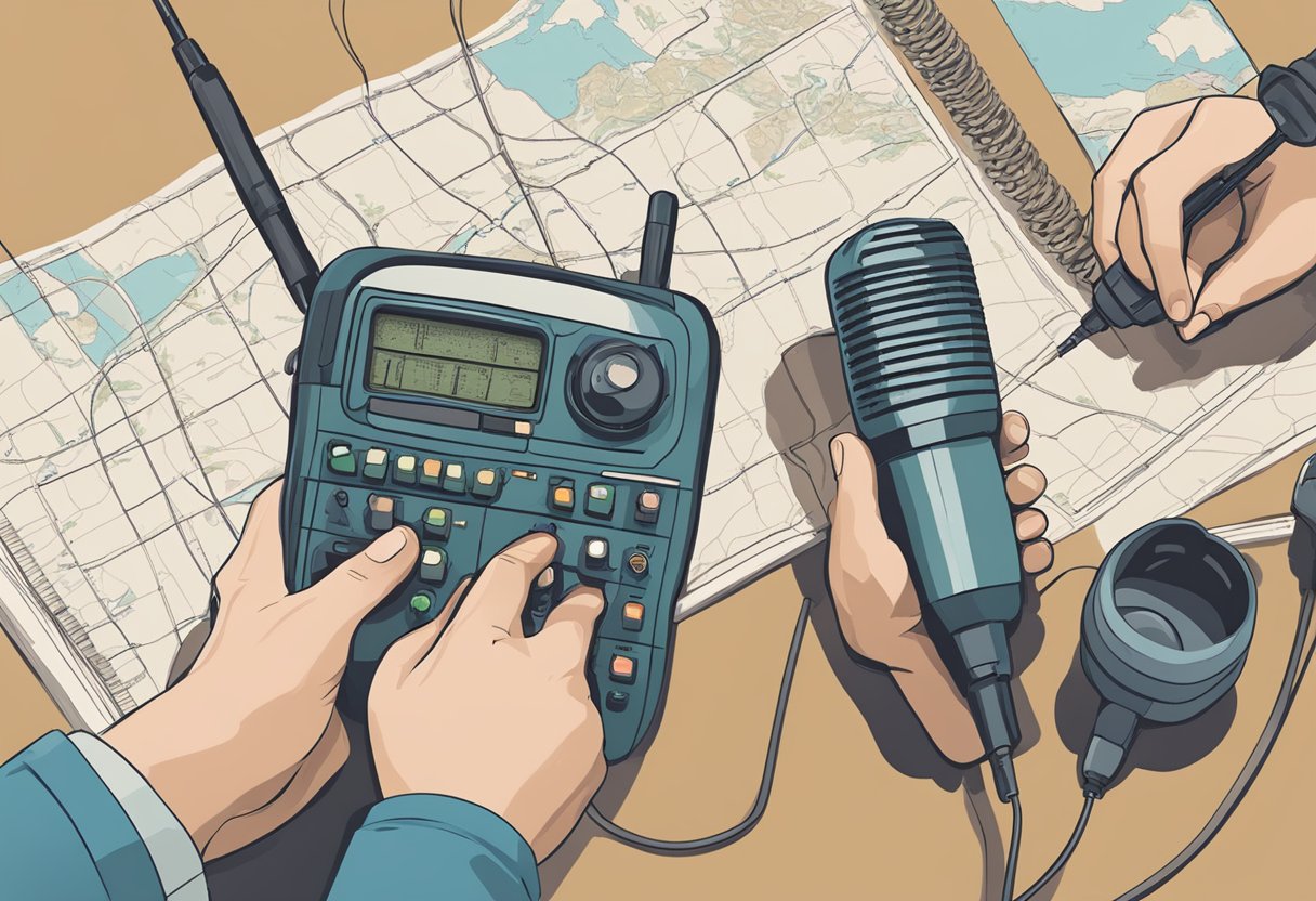 A hand adjusts dials on a ham radio, while another hand holds a microphone. A map and notebook are nearby, as the operator communicates with others