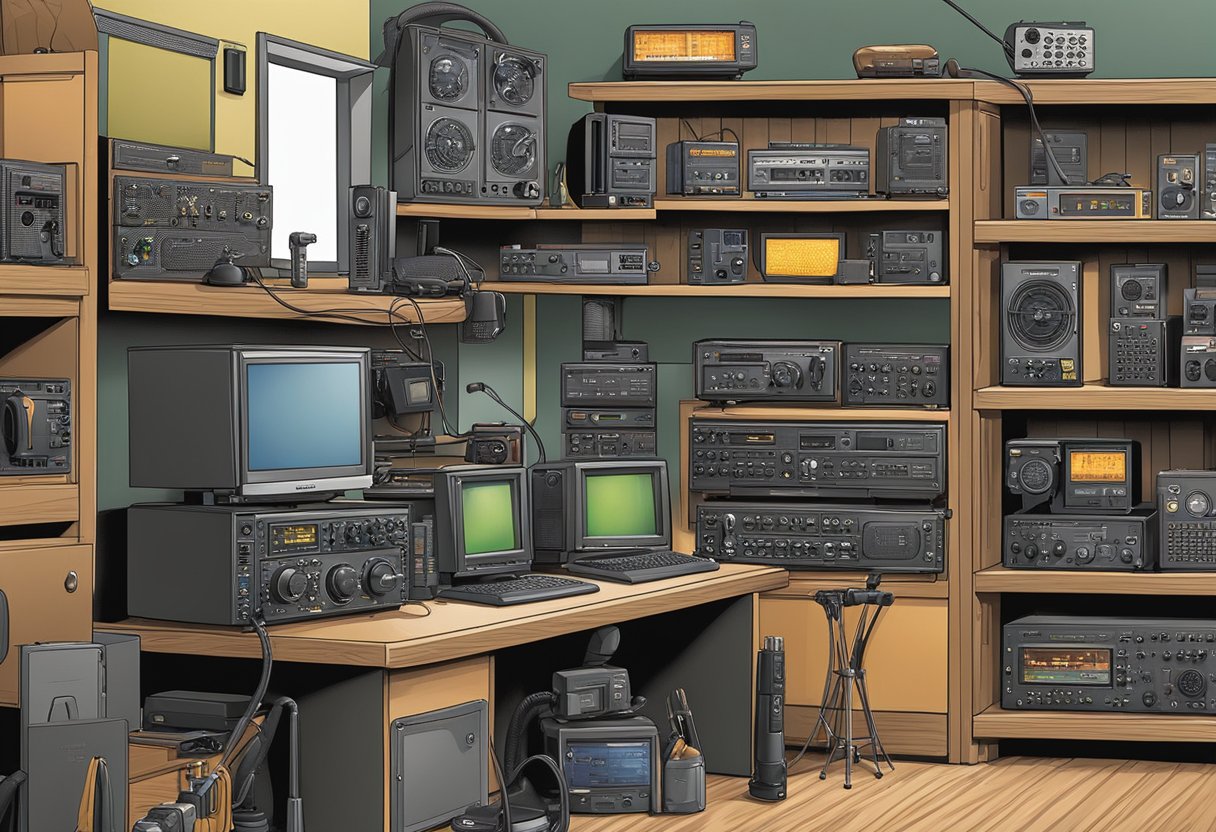 The scene includes five distinct ham radio brands displayed on a shelf, each with their unique features highlighted. The brands stand out due to their high-quality construction and advanced technology