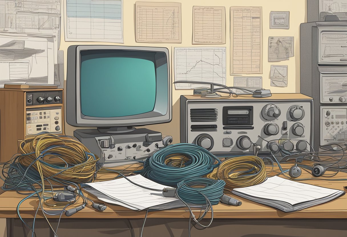 A cluttered desk with tangled cables, an outdated manual, and a confused expression. A radio frequency chart is pinned to the wall