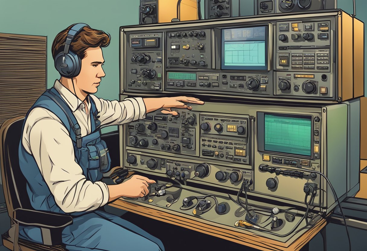 A ham radio operator adjusts the transmit power, but the dial is pushed too far, causing the equipment to overload and emit sparks