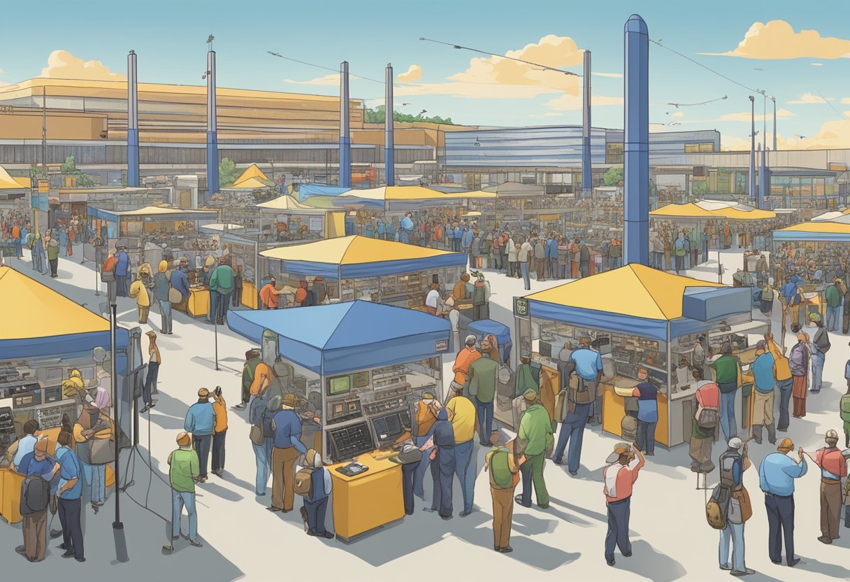 Ham radio enthusiasts gather at a bustling convention center, surrounded by booths and displays. Antennas stretch into the sky, while competitors huddle around radios, exchanging signals in a lively contest